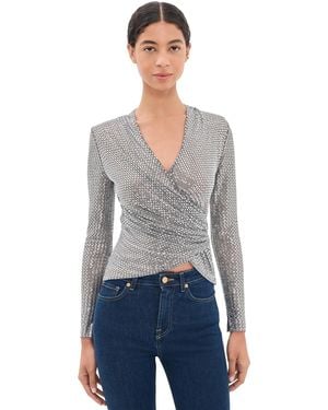 Self-Portrait Rhinestone Mesh Wrap Top - Black