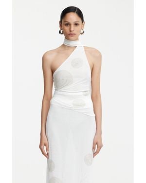 SO ONLINE AU Sheer Mesh Asymmetric Neckline Top - White