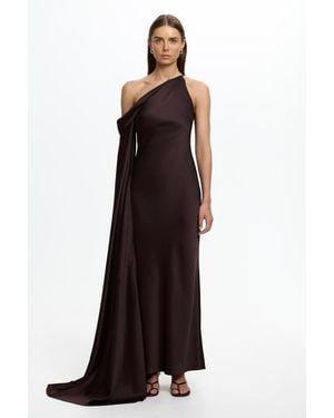 SO ONLINE AU Daira Long Sleeve Evening Gown, Satin, Asymmetric One-Shoulder Neckline, Off-Shoulder Cape Sleeve, Full-Length - Purple