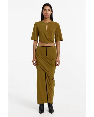 SO ONLINE AU Jolie Skirt By High-Waisted Maxi, Asymmetric Draped Overlay, Contrast Piping - Metallic
