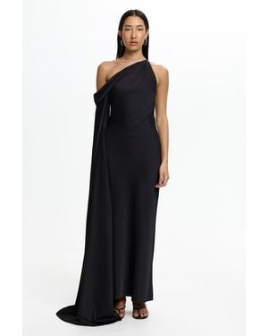 SO ONLINE AU Daira Long Sleeve Evening Gown, Woven Satin, Asymmetric One-Shoulder Neckline, Off-Shoulder Cape Sleeve - Blue