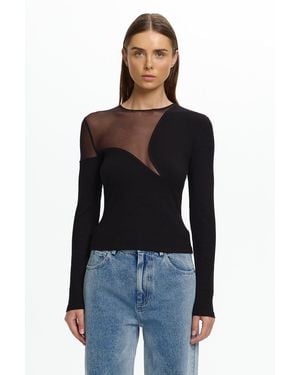 SO ONLINE AU Alyth Long Sleeve Top, Stretch Ribbed Knit, Sheer Mesh Panel, Asymmetric Curved Panel - Black