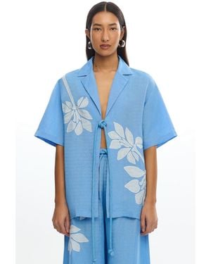SO ONLINE AU Boxy Embroidered Linen-Viscose Shirt - Blue