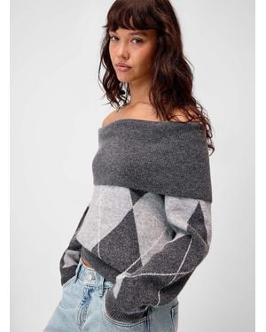 ONLY Bardot Collar Argyle Sweater - Grey