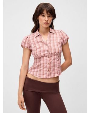 Twik Fitted Plaid Johnny Collar Shirt - Red