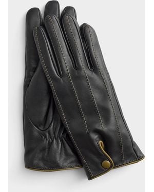 Ichi Contrast Topstitch Leather Buttoned Gloves - Black