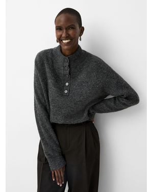 Contemporaine Buttoned Chimney Collar Fuzzy Sweater - Black