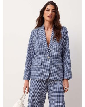 Ichi Gingham Pattern Loose Seersucker Blazer - Blue