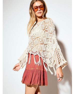 Icône Fringed Crochet Poncho - Red
