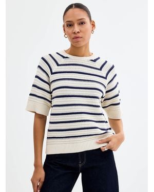 B.Young Textured Stripes Pure Cotton Sweater - White