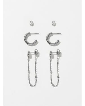 Simon's Chain, Hoop And Crystal Trio Earrings Set Of 3 - White