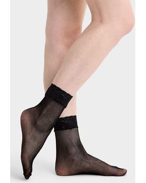 Simon's Lace Trim Fishnet Ankle Socks - Natural