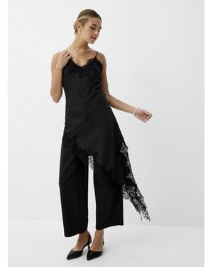 Ichi Lace And Satin Asymmetric Slip Dress - Black