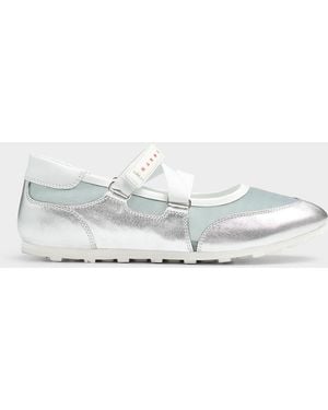 Marni Silver Leather Soccer Ballet Flat Sneaker - White