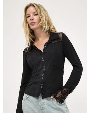 Free People Rosebud Cuff Embroidered Micromesh Shirt Collar T - Black