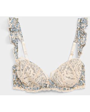 For Love & Lemons Primrose Floral And Lace Plunge Bra - White