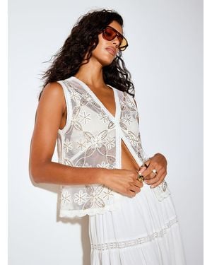 Icône Crystals And Crocheted Flowers Sheer Vest - White
