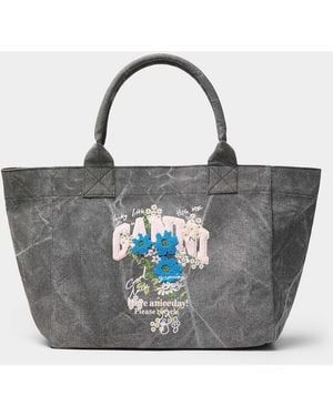 Ganni Textured Flowers Medium Tote Bag - Blue