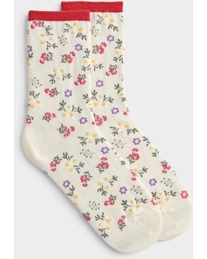 Simon's Contrast Trim Floral Bouquet Ankle Socks - Natural