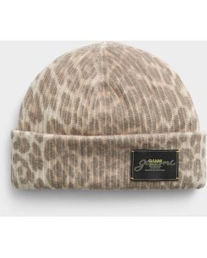 Ganni Leopard Print Wool Tuque - Natural