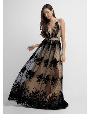 Icône Flocked Floral Tulle Maxi Dress - Black