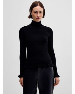 Cream Ruffled Trim Ribbed Turtleneck Sweater - Blue