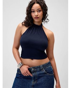 Twik Blousing Effect Cropped Halter Cami - Blue