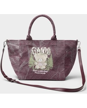 Ganni Teddy Bear And Forest Small Tote Bag - Purple