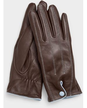 Ichi Contrast Topstitch Leather Buttoned Gloves - Brown