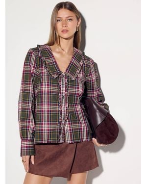 Icône Peter Pan Collar Ruffled Plaid Shirt - Green