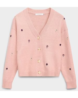 Contemporaine Small Embroidered Flowers Brushed Cardigan - Pink