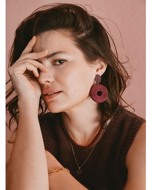 Simon's Round Wood And Raffia Earrings - Red