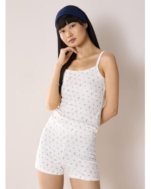 Miiyu Floral Satiny Bow Ribbed Cropped Lounge Cami - White