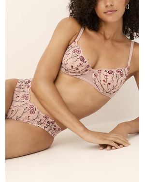 Miiyu Embroidered Flowers Sheer Mesh Balconette Bra - Natural