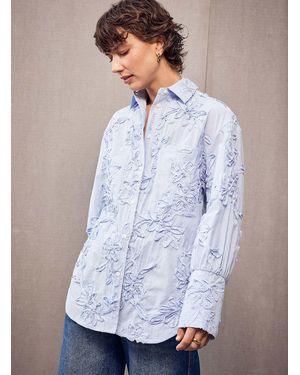 2nd Day Floral Decals Loose Striped Shirt - White