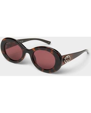 Gucci Silver Logo Oval Sunglasses - Brown