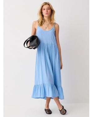 Ichi Tiered Pure Cotton Gauze Maxi Dress - Blue