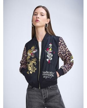 Ed Hardy Embroidered Leopard Print Sleeves Jacket - Blue
