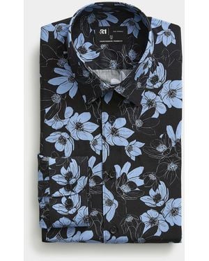 Le 31 Contrast Azure Flower Shirt Modern Fit - Blue