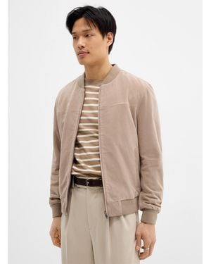 Profuomo Genuine Suede Minimalist Bomber Jacket - Natural