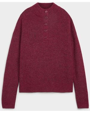 Contemporaine Buttoned Chimney Collar Fuzzy Sweater - Red