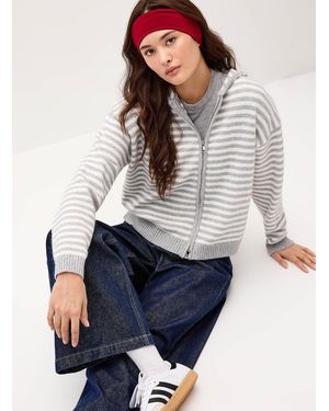 Things Between Striped Zippered Hooded Cardigan - Grey