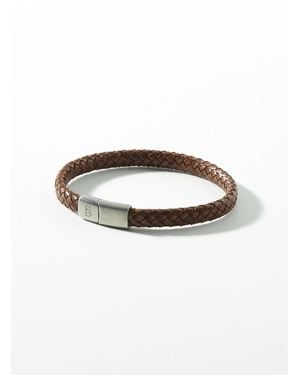 Steel and Barnett Cognac Braided Leather Bracelet - White