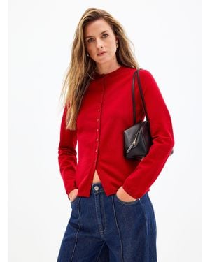 Contemporaine Solid Fitted Funnel Neck Cardigan - Red