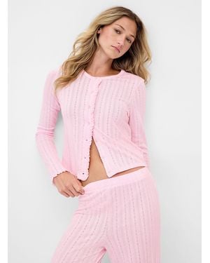 Miiyu Ruffled Trim Pointelle Knit Cardigan - Pink