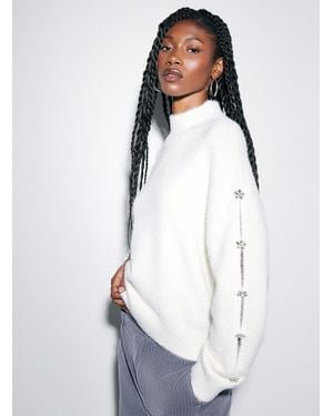 Icône Jewelled Split Sleeves Plush Sweater - White