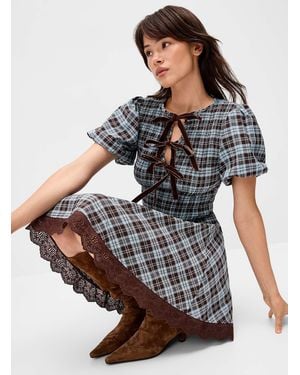 Daisy Street Plaid Smocked Puff - Grey