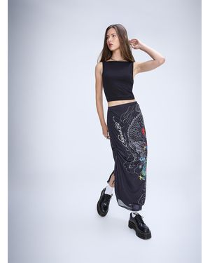Ed Hardy Dragon Slit Long Mesh Skirt - Blue