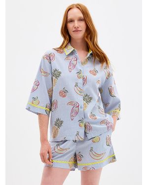Chelsea Peers Toucans And Fruit Striped Seersucker Pyjama Set - Blue