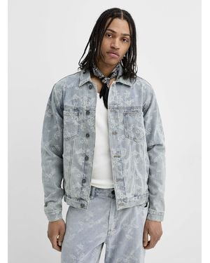 KUWALLA Floral Embroidery Faded Denim Jacket - Grey